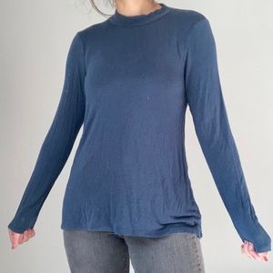 Mockneck Cut Out Slim Flowy Blue Long Sleeve Top